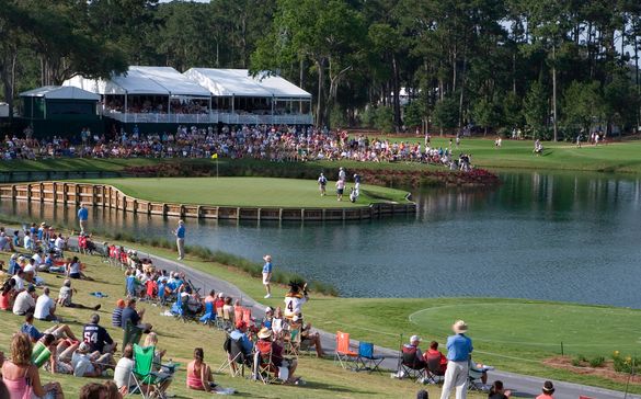 Shooting it out at The PLAYERS Championship on the 17th Island Hole at TPC Sawgrass Stadium Course.