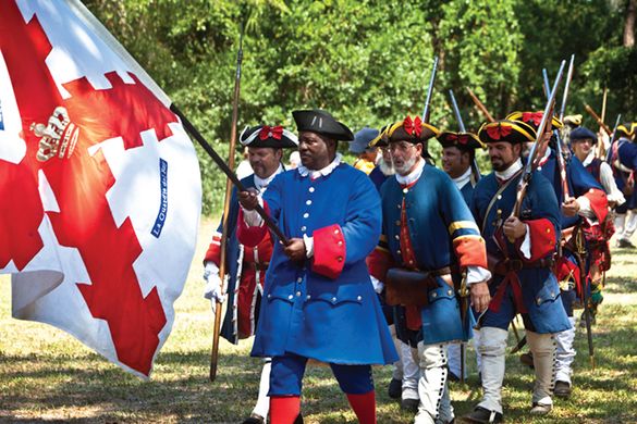 Living historians represent the free Black Fort Mose militia, Spanish militia, and Native American allies battle the British and Scottish invaders at the Battle of Bloody Mose, a reenactment of the battle that took place on June 26, 1740. 
